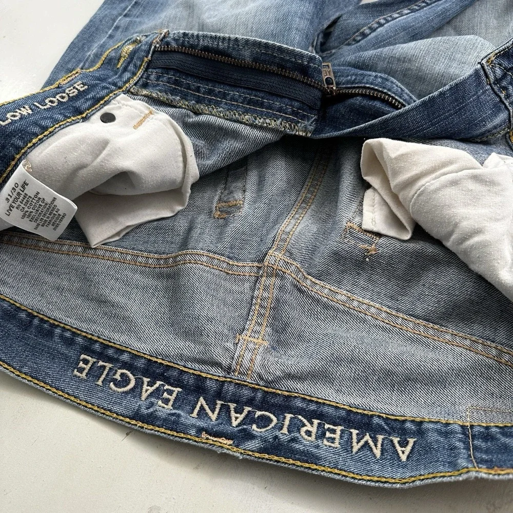 Y2K American Eagle‎ Mens Low Loose Jeans 31x30 Blue Light Wash Distressed Denim